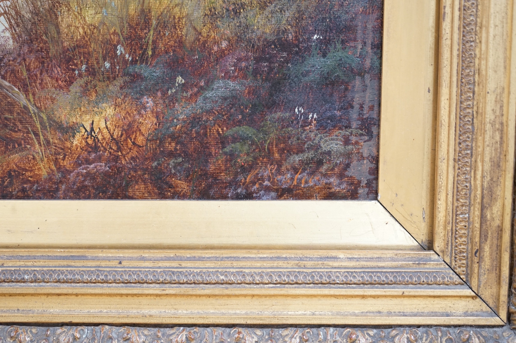 C. Leslie, Mountainous riverscape, signed, oil on canvas, 39 x 29cm, ornate gilt frame